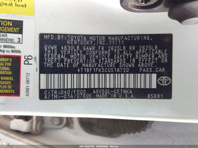 45223702 :رقم المزاد ، 4T1BF1FK5CU518720 vin ، 2012 Toyota Camry Le مزاد بيع