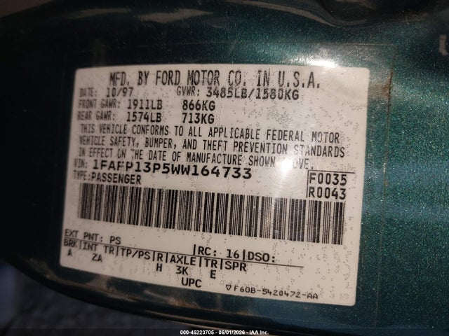 1998 Ford Escort Se მანქანა იყიდება აუქციონზე, vin: 1FAFP13P5WW164733, აუქციონის ნომერი: 45223705