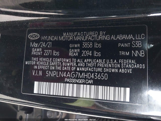 Продаж на аукціоні авто 2021 Hyundai Elantra Sel, vin: 5NPLN4AG7MH043650, номер лоту: 45223716