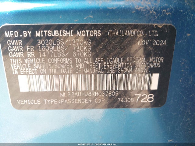 Продажа на аукционе авто 2024 Mitsubishi Mirage Es, vin: ML32AUHJ8RH037809, номер лота: 45223717