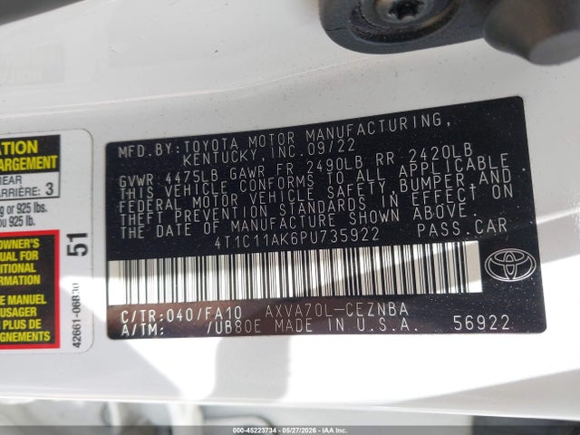 Продажа на аукционе авто 2023 Toyota Camry Le, vin: 4T1C11AK6PU735922, номер лота: 45223734