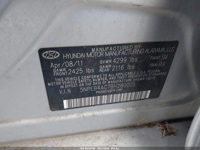 2011 Hyundai Sonata Gls მანქანა იყიდება აუქციონზე, vin: 5NPEB4AC7BH280005, აუქციონის ნომერი: 45223760