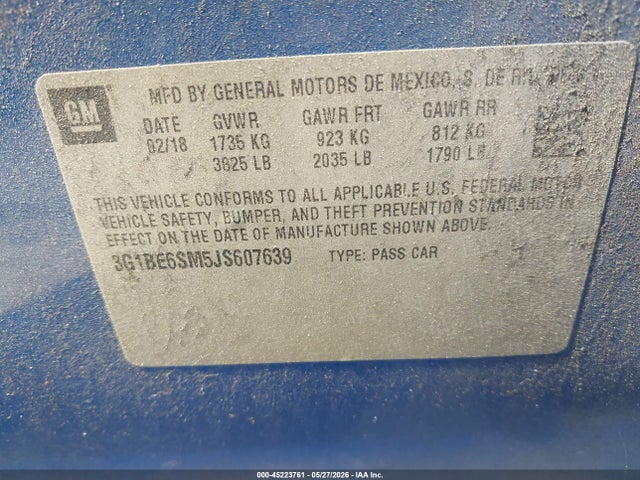 2018 Chevrolet Cruze Lt Auto მანქანა იყიდება აუქციონზე, vin: 3G1BE6SM5JS607639, აუქციონის ნომერი: 45223761