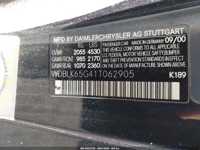 45223763 :رقم المزاد ، WDBLK65G41T062905 vin ، 2001 Mercedes-benz Clk 320 مزاد بيع