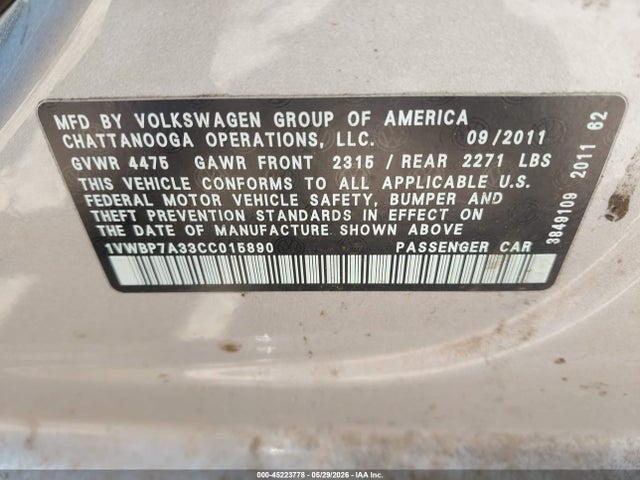 Продажа на аукционе авто 2012 Volkswagen Passat 2.5l Se, vin: 1VWBP7A33CC015890, номер лота: 45223778