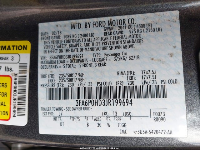45223779 :رقم المزاد ، 3FA6P0HD3JR199694 vin ، 2018 Ford Fusion Se مزاد بيع