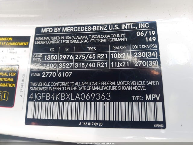 2020 Mercedes-benz Gle 350 4matic მანქანა იყიდება აუქციონზე, vin: 4JGFB4KBXLA069363, აუქციონის ნომერი: 45223785