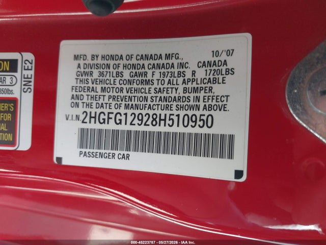 Aukcja sprzedaży 2008 Honda Civic Ex-l, vin: 2HGFG12928H510950, numer aukcji: 45223787