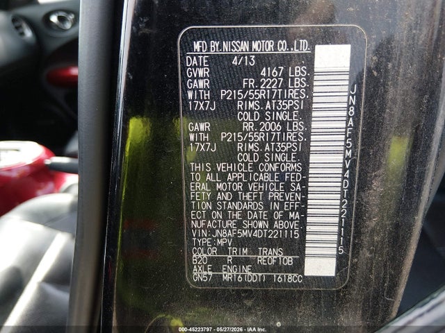 Продажа на аукционе авто 2013 Nissan Juke Sl, vin: JN8AF5MV4DT221115, номер лота: 45223797
