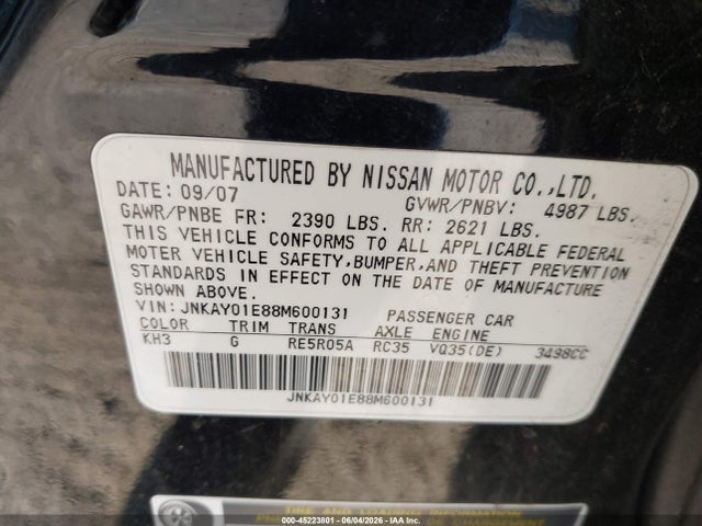 Aukcja sprzedaży 2008 Infiniti M35, vin: JNKAY01E88M600131, numer aukcji: 45223801