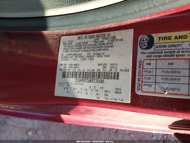 2008 Ford Fusion Se მანქანა იყიდება აუქციონზე, vin: 3FAHP07Z68R230680, აუქციონის ნომერი: 45223802
