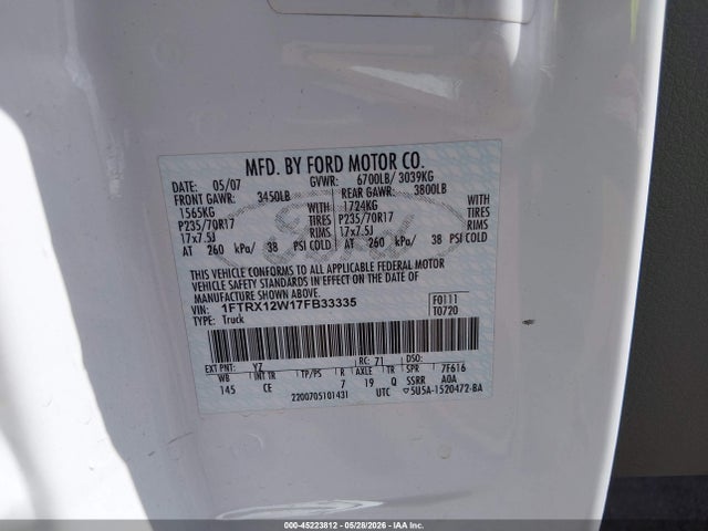 Aukcja sprzedaży 2007 Ford F-150 Stx/xl/xlt, vin: 1FTRX12W17FB33335, numer aukcji: 45223812