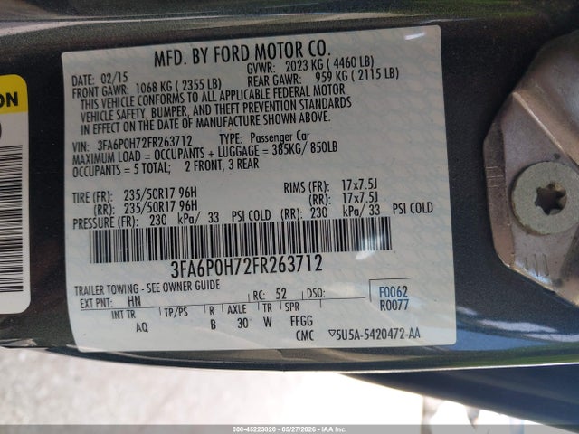 Aukcja sprzedaży 2015 Ford Fusion Se, vin: 3FA6P0H72FR263712, numer aukcji: 45223820