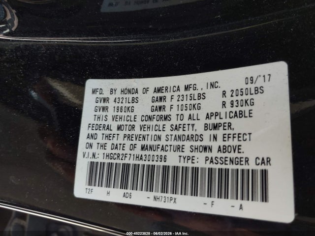 Продажа на аукционе авто 2017 Honda Accord Ex, vin: 1HGCR2F71HA300396, номер лота: 45223828