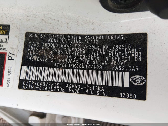 Aukcja sprzedaży 2012 Toyota Camry Se, vin: 4T1BF1FK8CU177409, numer aukcji: 45223837