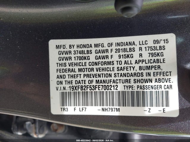 Aukcja sprzedaży 2015 Honda Civic Lx, vin: 19XFB2F53FE700212, numer aukcji: 45223842