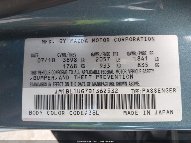45223848 :رقم المزاد ، JM1BL1UG7B1362532 vin ، 2011 Mazda Mazda3 I Sport مزاد بيع