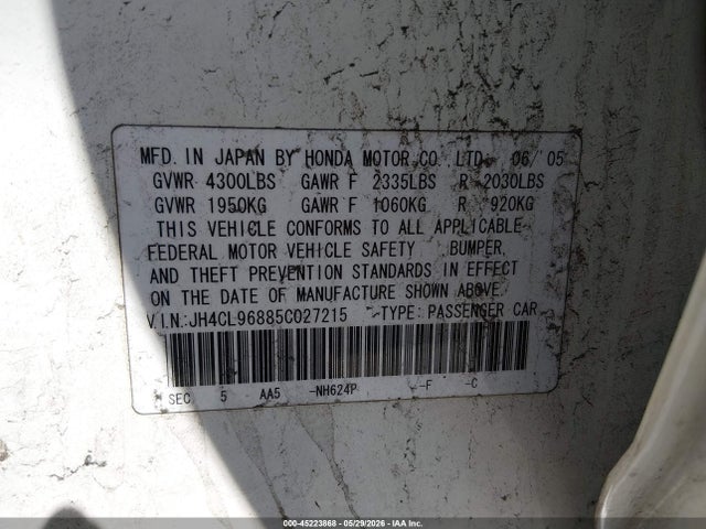45223868 :رقم المزاد ، JH4CL96885C027215 vin ، 2005 Acura Tsx مزاد بيع