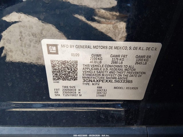 45223885 :رقم المزاد ، 3GNAXPEXXLS633365 vin ، 2020 Chevrolet Equinox Fwd Premier 2.0l Turbo مزاد بيع
