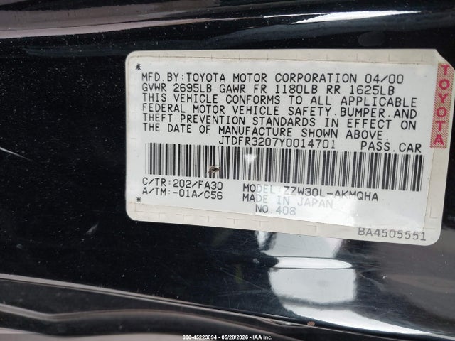 Продаж на аукціоні авто 2000 Toyota Mr2 Spyder, vin: JTDFR3207Y0014701, номер лоту: 45223894