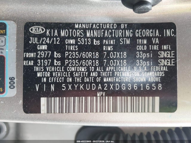 2013 Kia Sorento Ex V6 მანქანა იყიდება აუქციონზე, vin: 5XYKUDA2XDG361658, აუქციონის ნომერი: 45223905