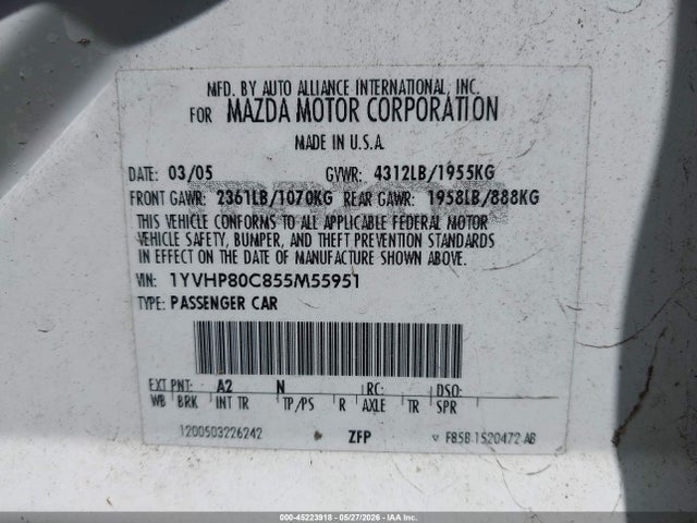 Продаж на аукціоні авто 2005 Mazda Mazda6 I Base, vin: 1YVHP80C855M55951, номер лоту: 45223918
