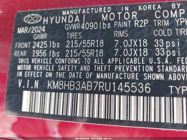 Aukcja sprzedaży 2024 Hyundai Kona Sel, vin: KM8HB3AB7RU145536, numer aukcji: 45223935