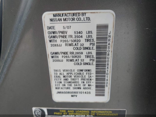 45223939 :رقم المزاد ، JNRAS08U08X101435 vin ، 2008 Infiniti Fx35 مزاد بيع