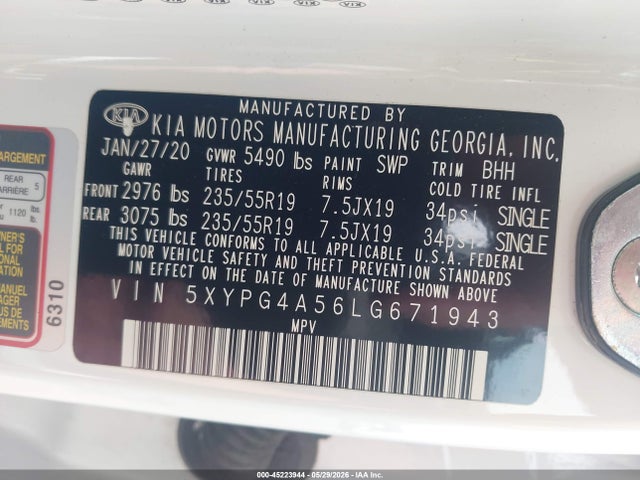 Aukcja sprzedaży 2020 Kia Sorento S V6, vin: 5XYPG4A56LG671943, numer aukcji: 45223944