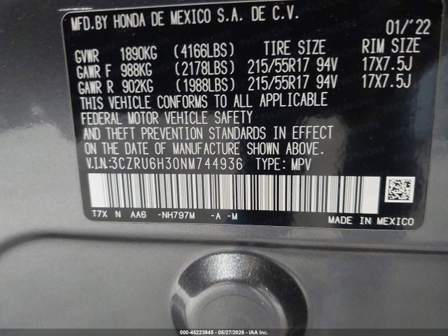 45223945 :رقم المزاد ، 3CZRU6H30NM744936 vin ، 2022 Honda Hr-v Awd Lx مزاد بيع