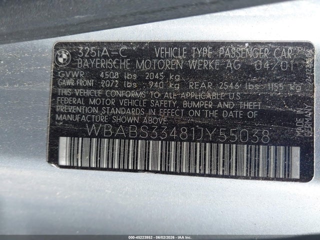 2001 Bmw 325ci მანქანა იყიდება აუქციონზე, vin: WBABS33481JY55038, აუქციონის ნომერი: 45223952