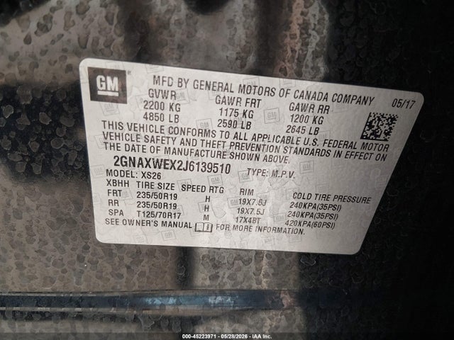 Aukcja sprzedaży 2018 Chevrolet Equinox Premier, vin: 2GNAXWEX2J6139510, numer aukcji: 45223971