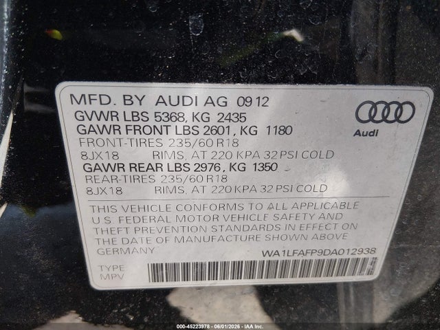 Auction sale of the 2013 Audi Q5 2.0t Premium, vin: WA1LFAFP9DA012938, lot number: 45223978