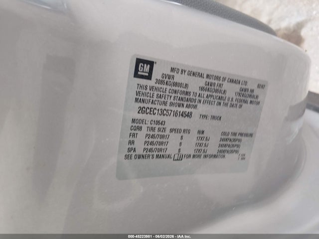 45223981 :رقم المزاد ، 2GCEC13C571614548 vin ، 2007 Chevrolet Silverado 1500 Work Truck مزاد بيع