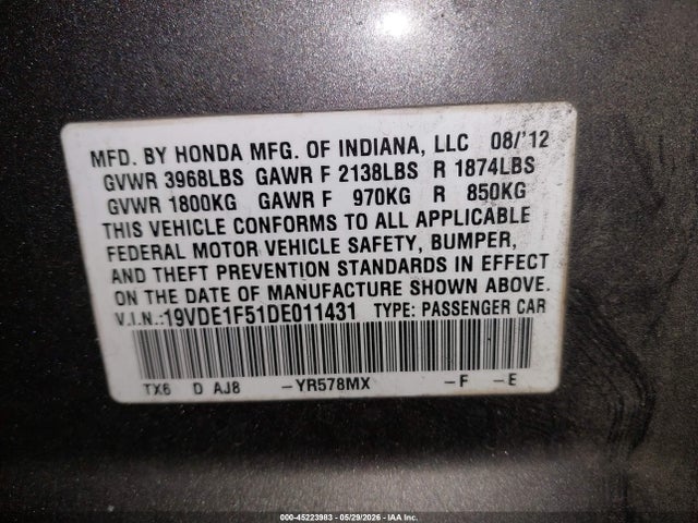45223983 :رقم المزاد ، 19VDE1F51DE011431 vin ، 2013 Acura Ilx 2.0l مزاد بيع