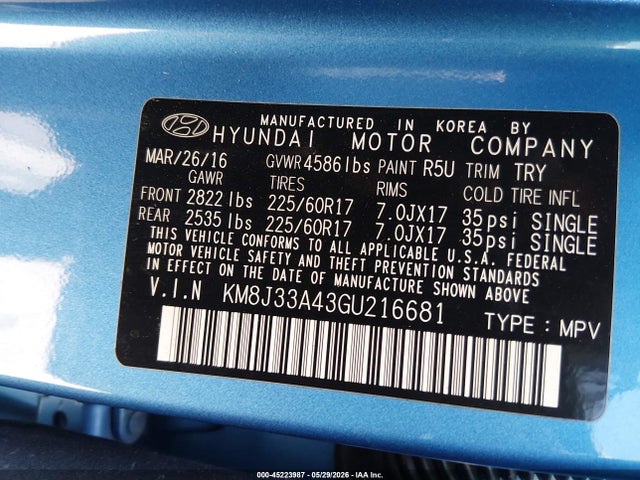 Aukcja sprzedaży 2016 Hyundai Tucson Se, vin: KM8J33A43GU216681, numer aukcji: 45223987