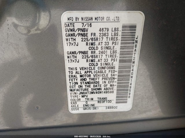 Aukcja sprzedaży 2016 Nissan Rogue Sv, vin: JN8AT2MV4GW149598, numer aukcji: 45223992