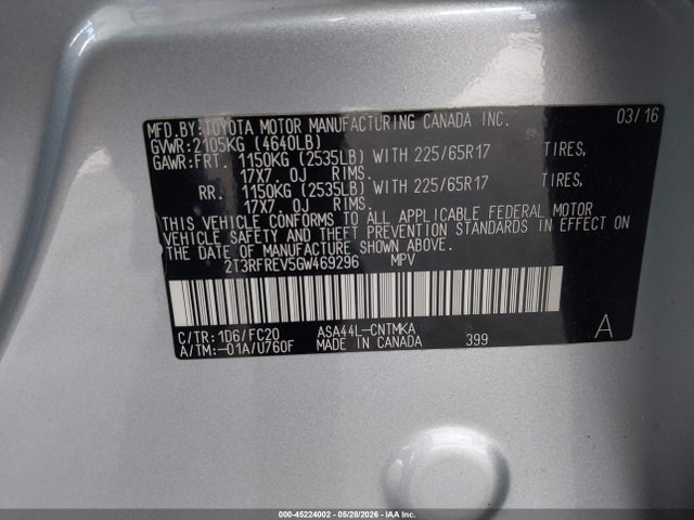 Aukcja sprzedaży 2016 Toyota Rav4 Xle, vin: 2T3RFREV5GW469296, numer aukcji: 45224002