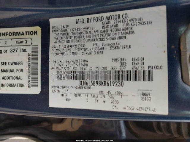 Auction sale of the 2019 Lincoln Mkz Standard, vin: 3LN6L5B98KR619230, lot number: 45224005