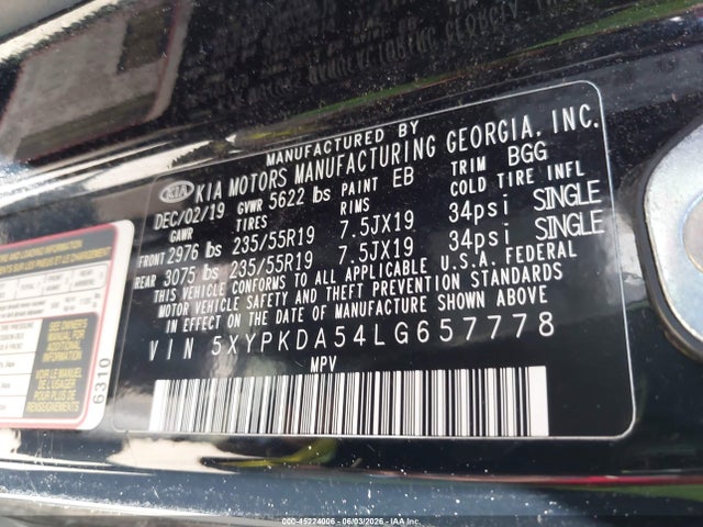 Aukcja sprzedaży 2020 Kia Sorento 3.3l Sx, vin: 5XYPKDA54LG657778, numer aukcji: 45224006