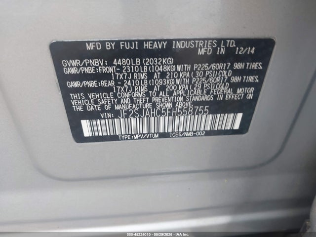 2015 Subaru Forester 2.5i Limited მანქანა იყიდება აუქციონზე, vin: JF2SJAHC5FH558755, აუქციონის ნომერი: 45224010
