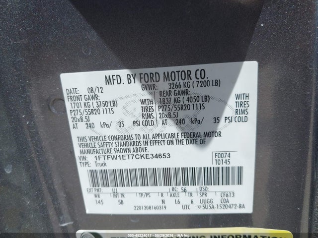 Aukcja sprzedaży 2012 Ford F-150 Fx4, vin: 1FTFW1ET7CKE34653, numer aukcji: 45224017