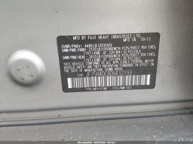 Aukcja sprzedaży 2013 Subaru Forester 2.5x Premium, vin: JF2SHADC8DH432193, numer aukcji: 45224020