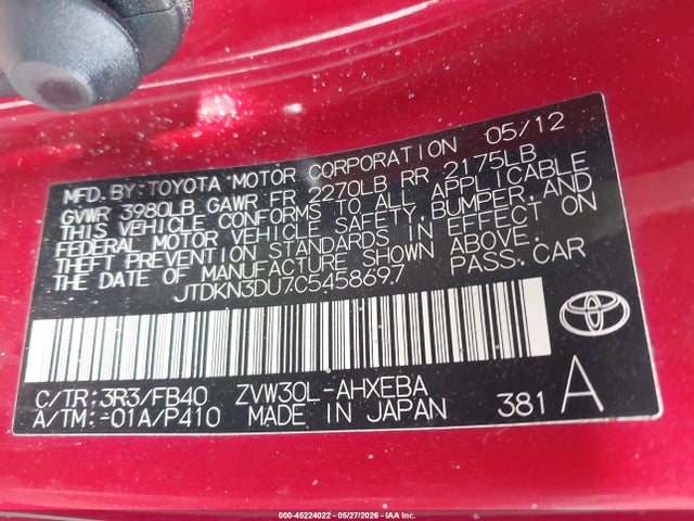 Aukcja sprzedaży 2012 Toyota Prius Two, vin: JTDKN3DU7C5458697, numer aukcji: 45224022