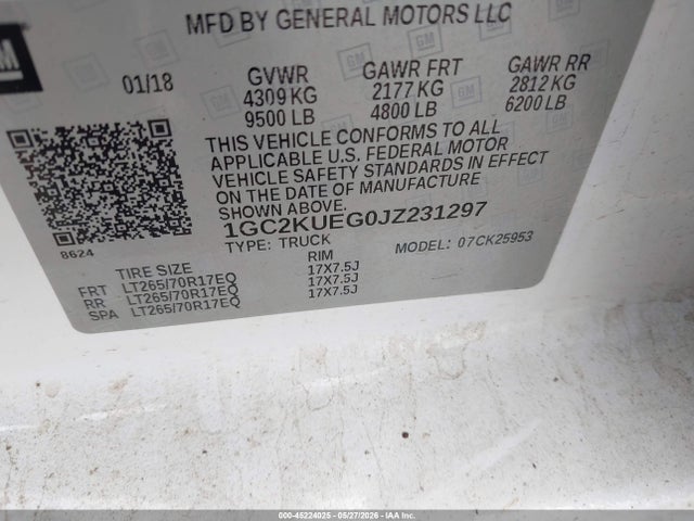 45224025 :رقم المزاد ، 1GC2KUEG0JZ231297 vin ، 2018 Chevrolet Silverado 2500hd Wt مزاد بيع