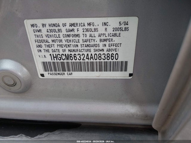 Aukcja sprzedaży 2004 Honda Accord 3.0 Lx, vin: 1HGCM66324A083860, numer aukcji: 45224034
