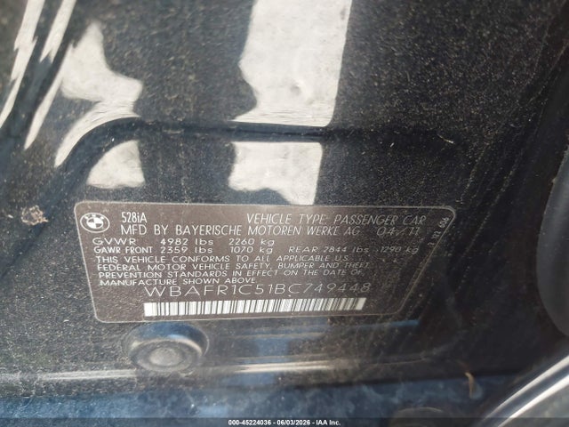 Aukcja sprzedaży 2011 Bmw 528i, vin: WBAFR1C51BC749448, numer aukcji: 45224036