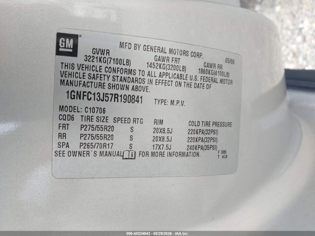 2007 Chevrolet Tahoe Ltz მანქანა იყიდება აუქციონზე, vin: 1GNFC13J57R190841, აუქციონის ნომერი: 45224043