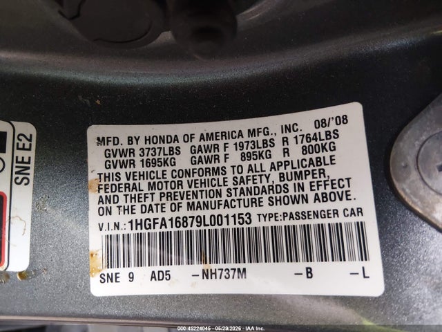 2009 Honda Civic Ex მანქანა იყიდება აუქციონზე, vin: 1HGFA16879L001153, აუქციონის ნომერი: 45224045
