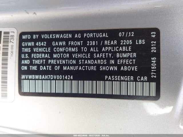 2013 Volkswagen Eos Sport მანქანა იყიდება აუქციონზე, vin: WVWBW8AH7DV001424, აუქციონის ნომერი: 45224048